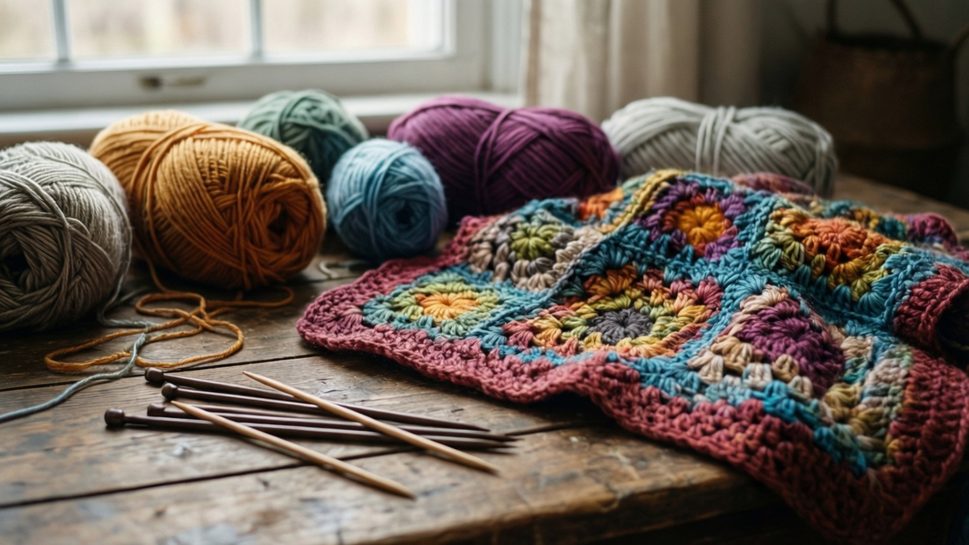 Colorful crocheted blanket and yarn on a wooden table by a window. 壁紙