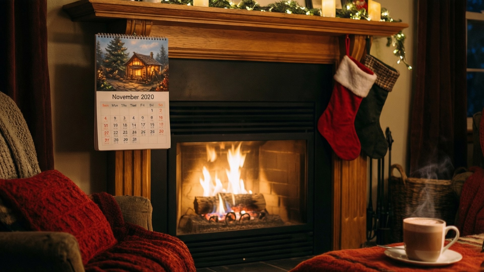 Cozy Fireplace Calendar 壁紙 — 舒適的壁爐在鄉村風格的客廳中，在冒著熱氣的馬克杯和節日襪子旁溫暖地噼啪作響。