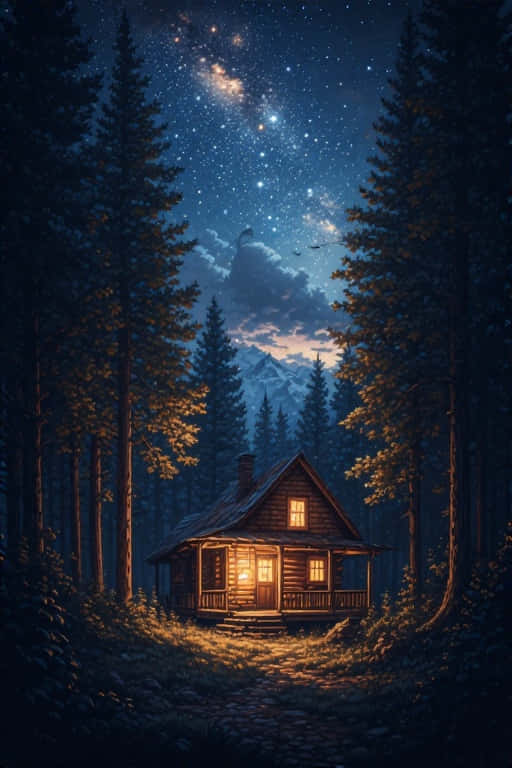 一間燈光溫暖的木屋坐落在松樹林中，在繁星點點的夜空下，遠處有山巒。
