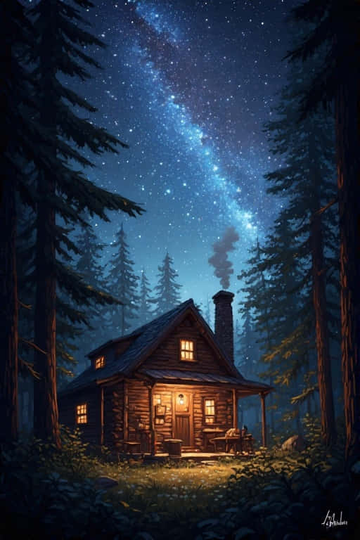 森林中溫暖照亮的木屋，星空下可見銀河