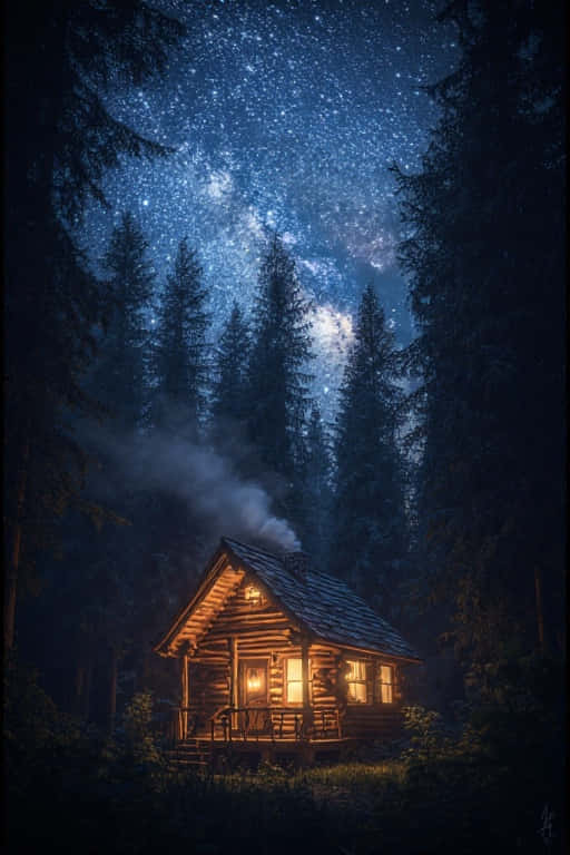 夜晚森林中的木屋，在星空下有溫暖燈光和煙霧