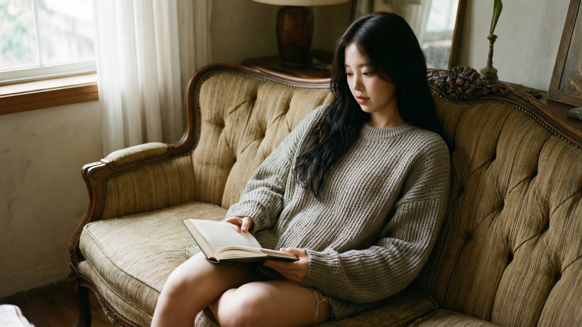 年輕女性在陽光窗邊的復古沙發上看書