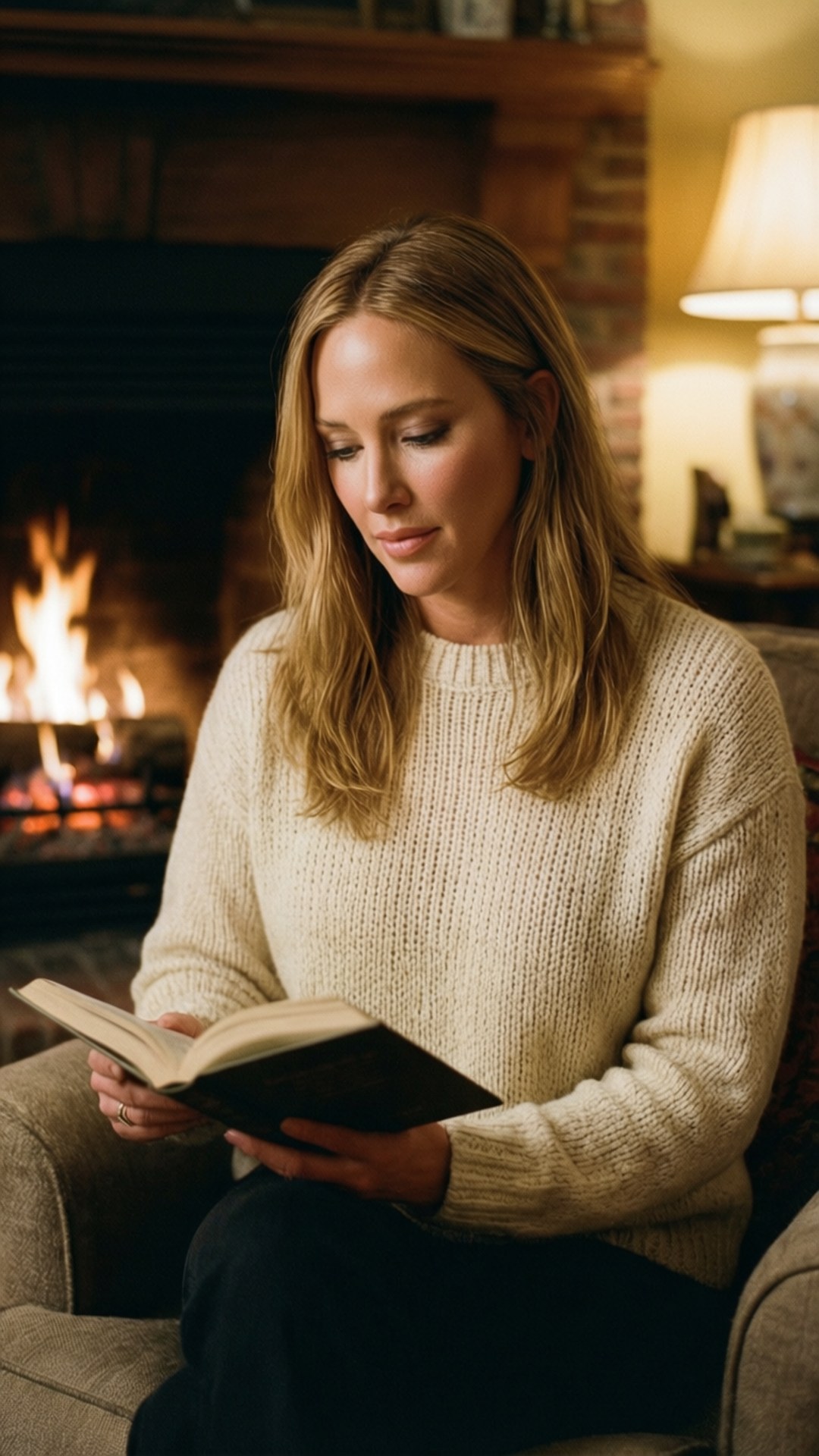 女性在壁爐旁看書，舒適的客廳