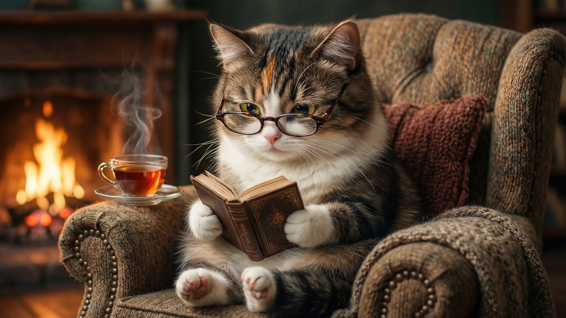 一隻戴眼鏡的貓在壁爐旁看書，附近有一杯茶。