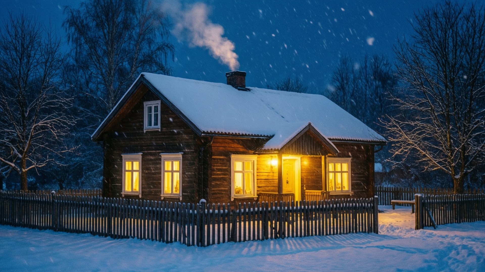 冬夜中，溫暖燈光透過窗戶照射出來的雪木屋