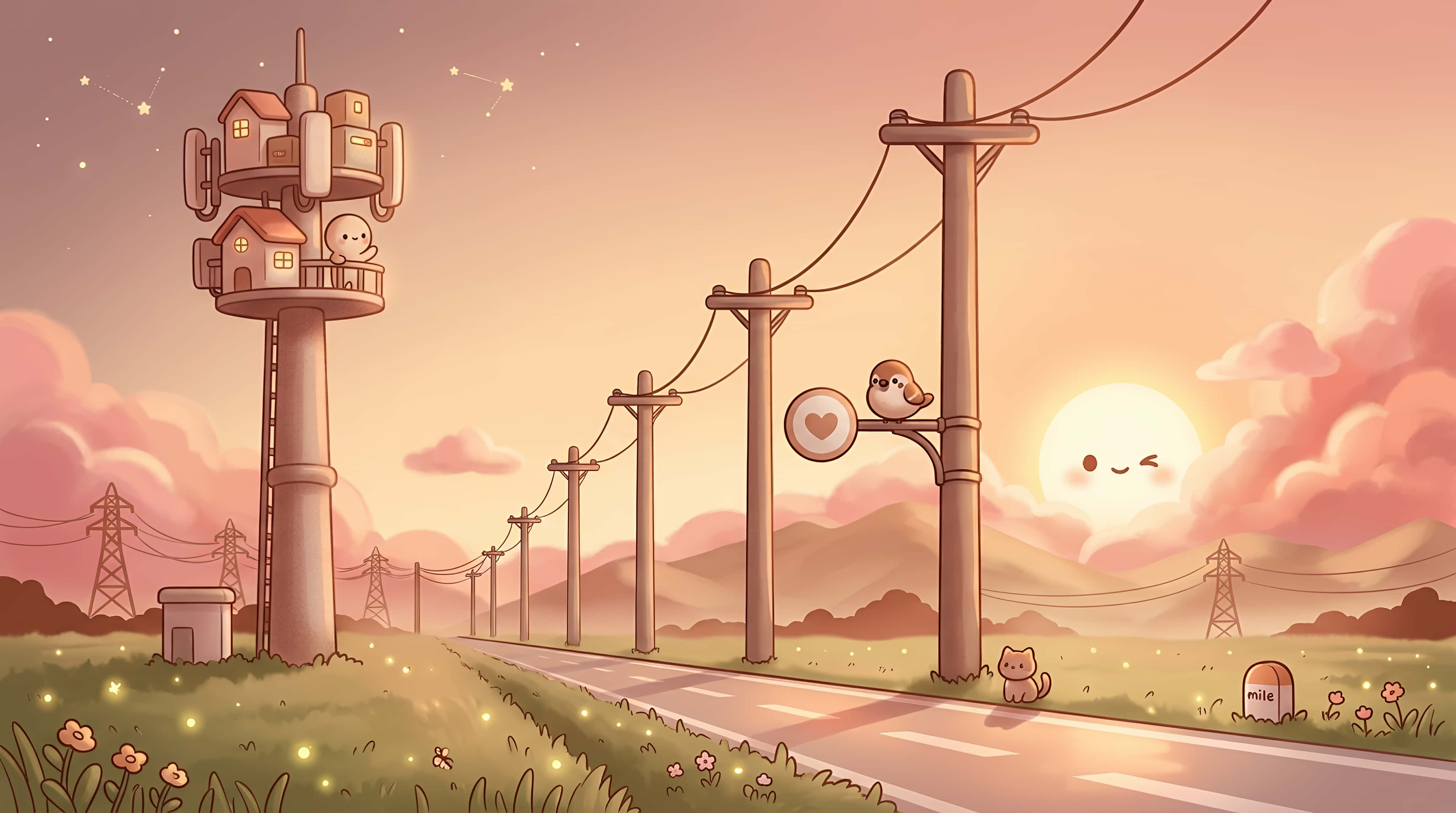 Cozy Twilight Commute: Kawaii Roadside Adventure 壁紙 — 一個異想天開的日落場景，有微笑的太陽、一隻貓和一隻鳥棲息在電線桿上，旁邊是一條兩旁有塔樓房屋的道路。