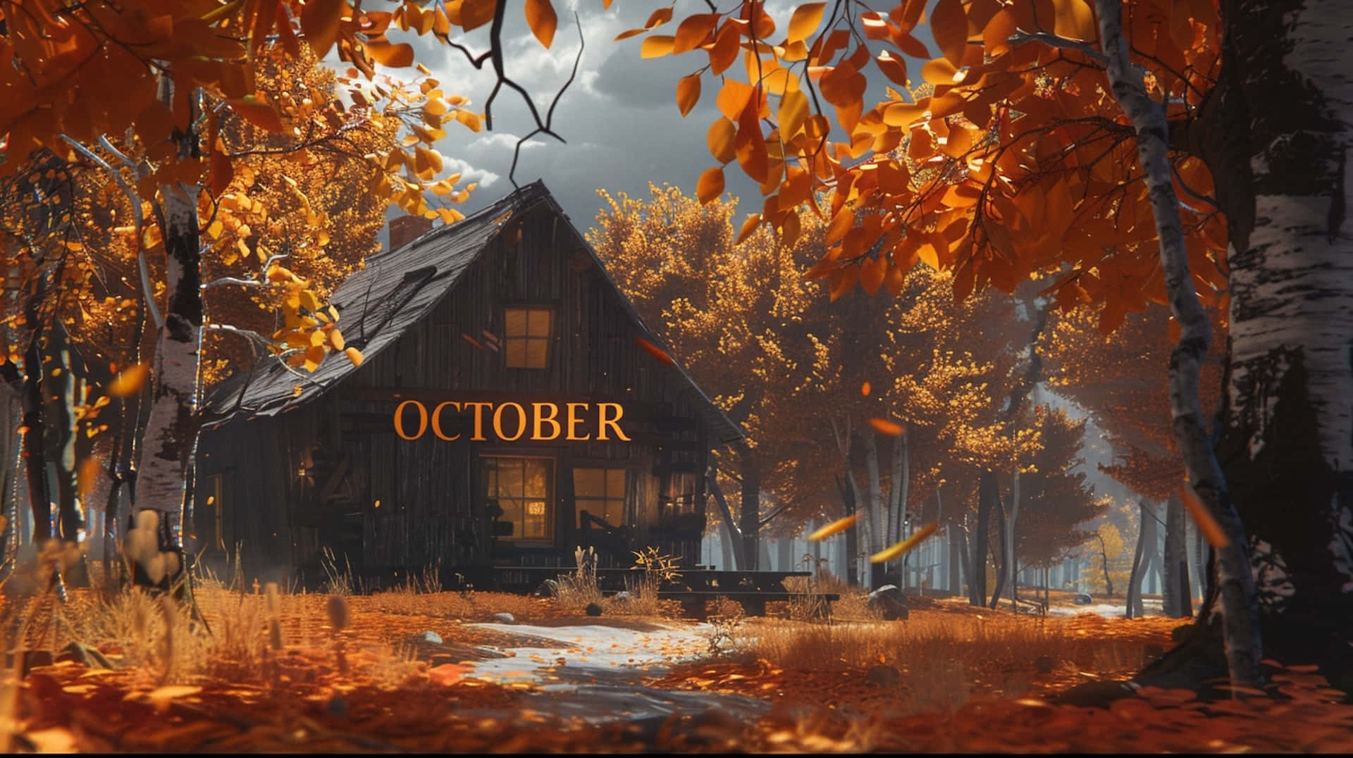 October Desktop 桌布 壁紙 — 一間舒適的木屋坐落在充滿活力的秋日森林中，金色的樹葉在陰沉天空下圍繞著它旋轉。