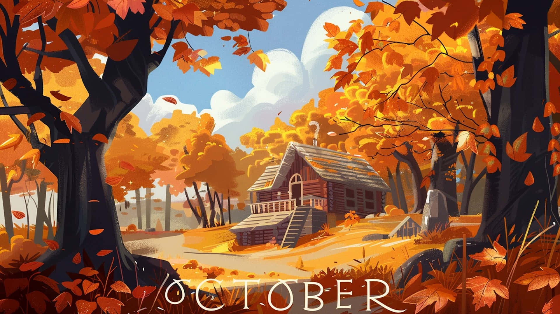 October Desktop 桌布 壁紙 — 一間舒適的木屋坐落在充滿活力的秋日森林中，金色的樹葉在明亮的藍天下旋轉。