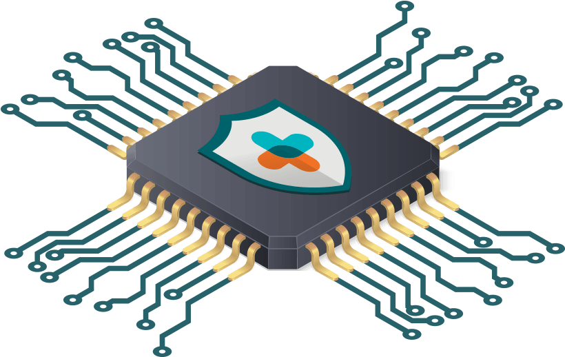帶安全盾牌的 CPU 圖形示意 壁紙 — 一個帶有盾牌標誌的3D渲染微芯片在黑色背景上發光，並帶有青綠色電路。