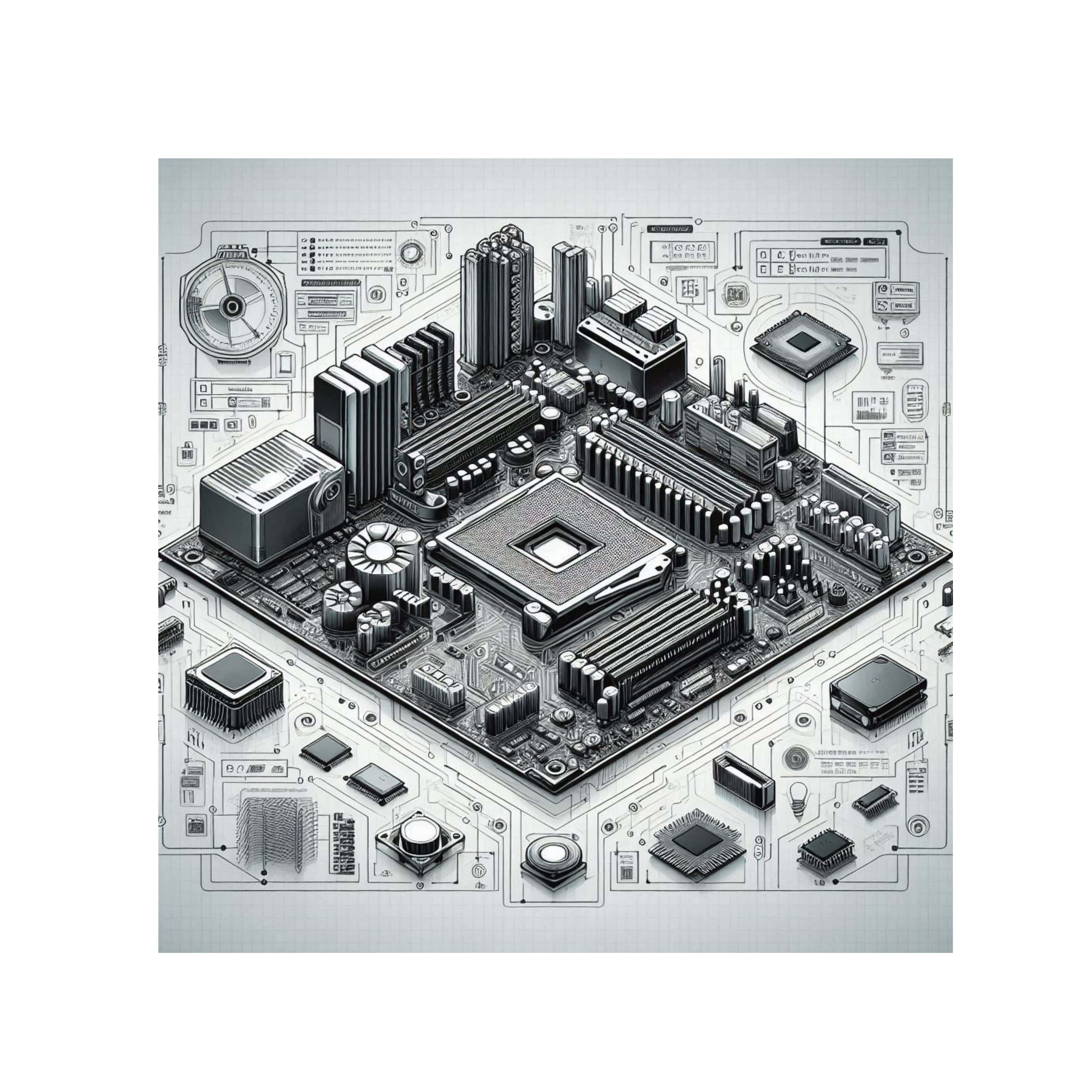 展示包含CPU等多種組件的電腦主機板 壁紙 — 一個詳細的黑白插圖，展示電腦主機板，周圍環繞著電路原理圖和電子元件。