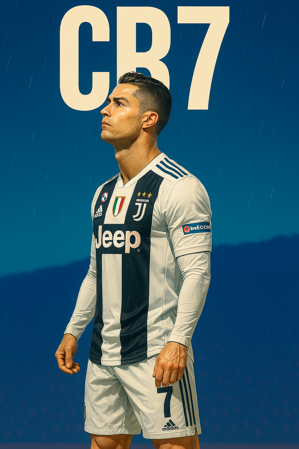克里斯蒂亞諾·羅納度 CR7 尤文圖斯 4K 壁紙 — 基斯坦奴·朗拿度身穿祖雲達斯球衣站在雨中，上方有'CR7'文字，背景為藍色。