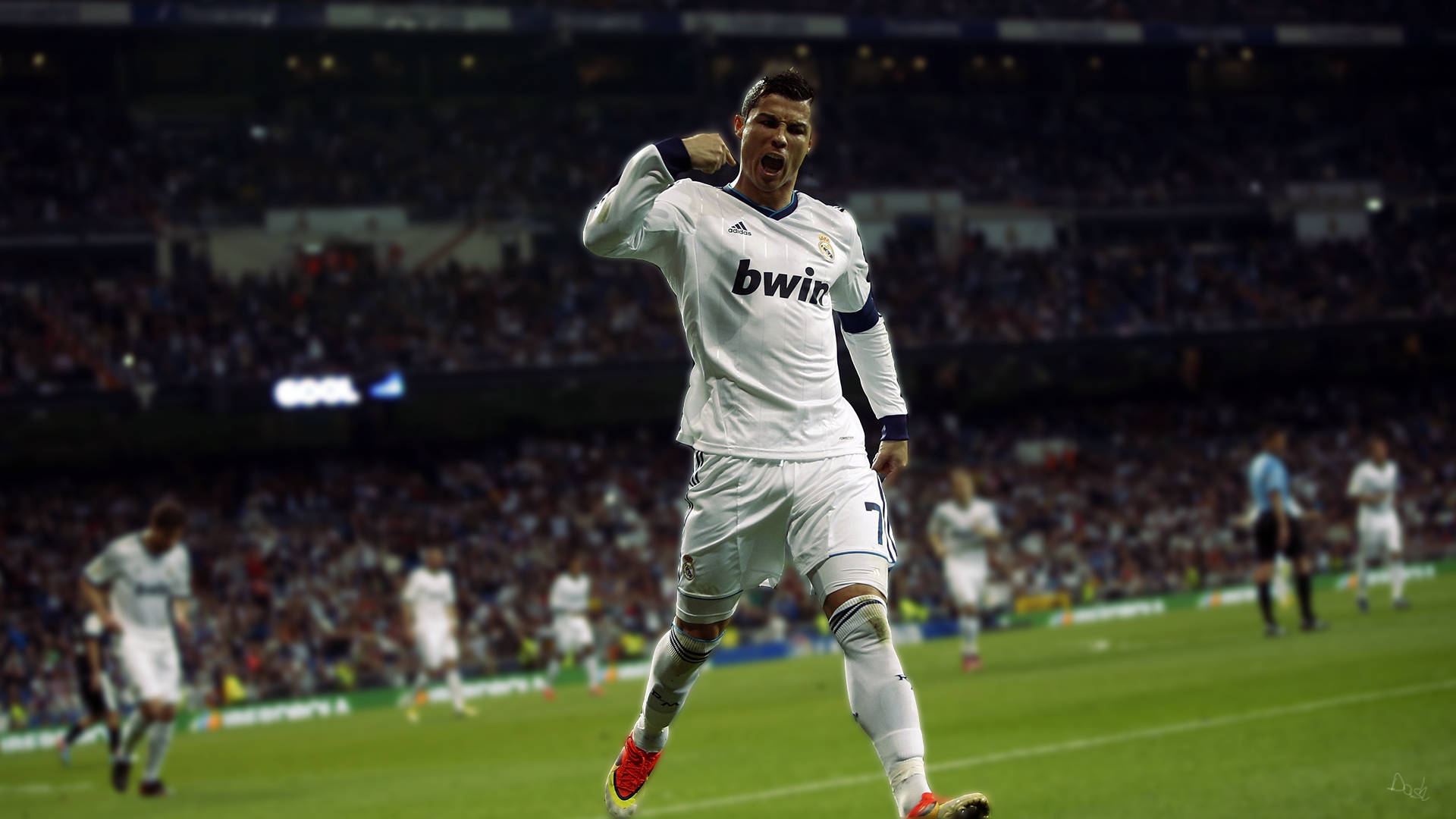 CR7 勝利吶喊 壁紙 — 一名身穿白色球衣的足球運動員在燈光璀璨、座無虛席的球場中高舉雙臂慶祝入球。