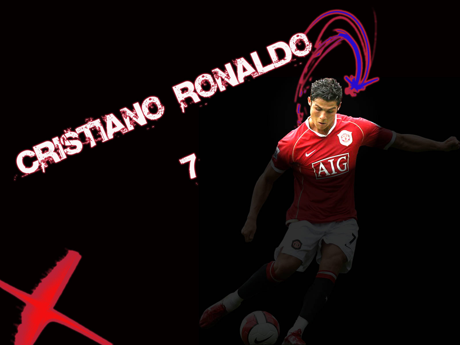 CR7 數位編輯 壁紙 — 基斯坦奴·朗拿度身穿紅色曼聯球衣，在黑色背景上盤球，並帶有發光的紅色和藍色圖形元素。
