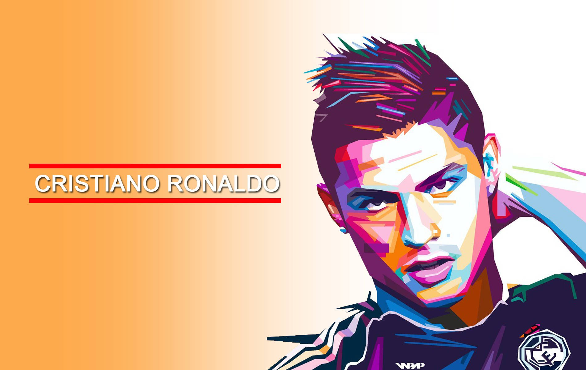 CR7 數位肖像 壁紙 — 充滿活力的Cristiano Ronaldo風格肖像，採用大膽的幾何色彩和銳利線條，背景為橙色漸變。