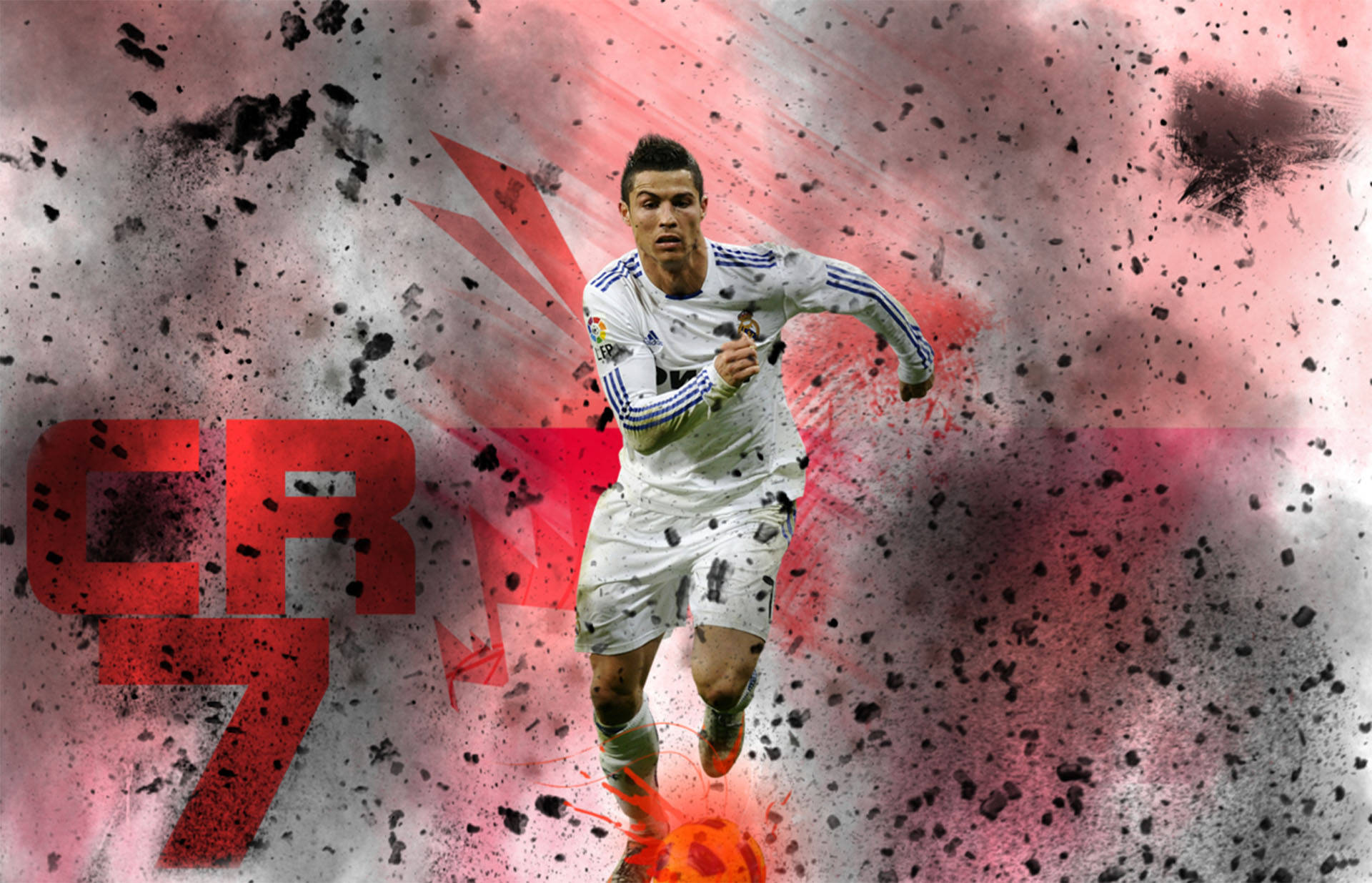 CR7 爆裂紅色編輯 壁紙 — 基斯坦奴·朗拿度身穿白色足球球衣衝刺的動態數碼藝術肖像，帶有紅色飛濺效果和粗體CR7文字。