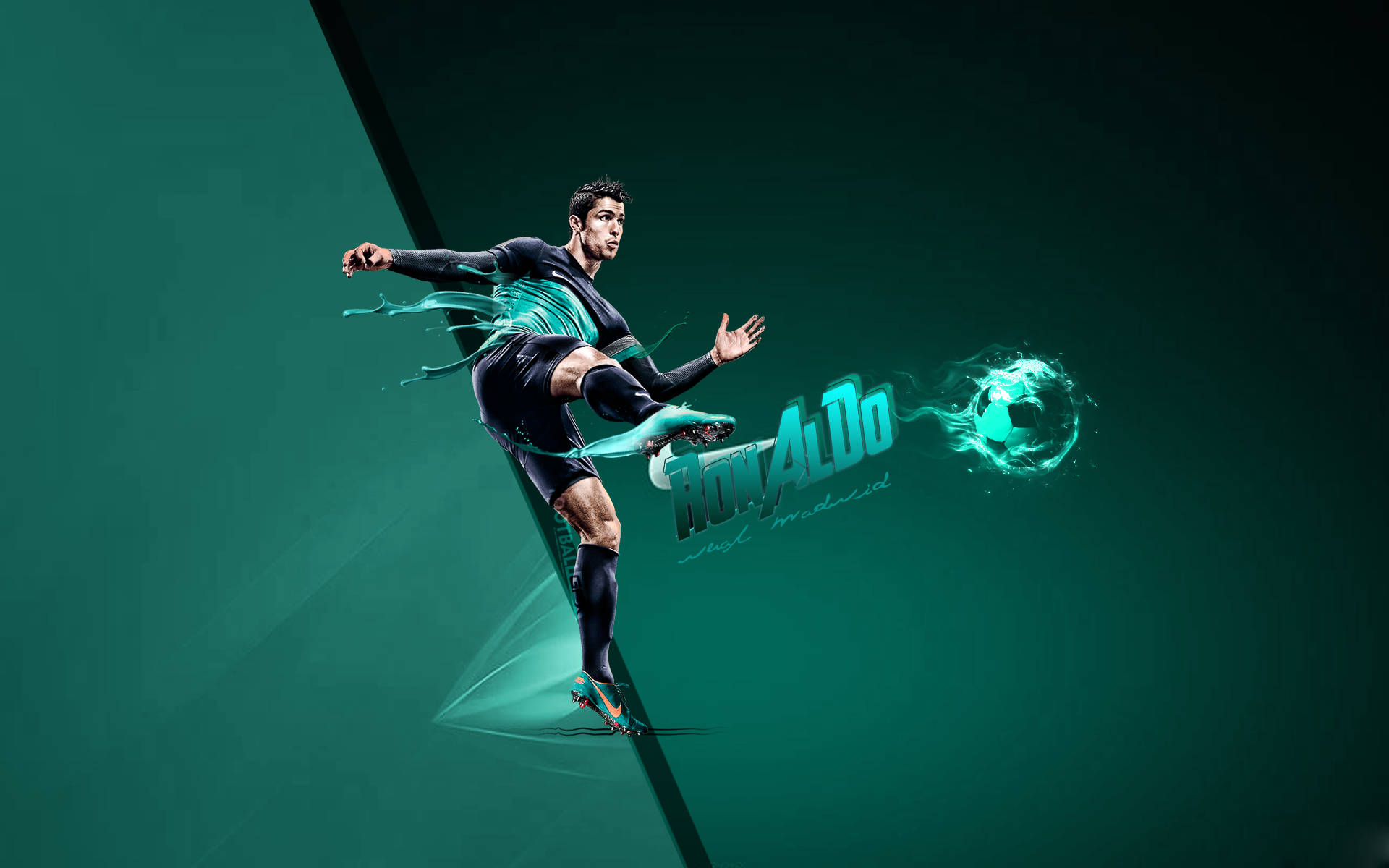 CR7 翠綠數位編輯 壁紙 — 足球明星朗拿度在深綠色漸變背景上，以發光的青綠色能量軌跡進行中踢動作。