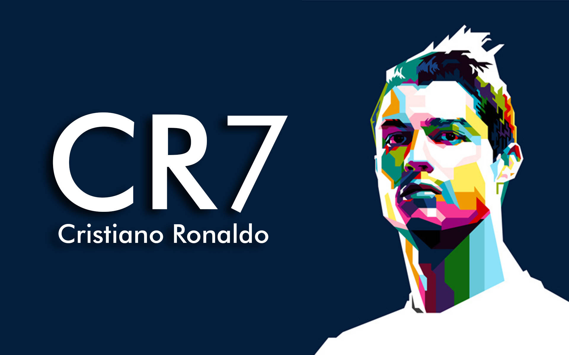 CR7 色彩肖像 壁紙 — 基斯坦奴·朗拿度嘅鮮明普普藝術肖像，帶有強烈幾何色彩方塊，背景係深藍色。