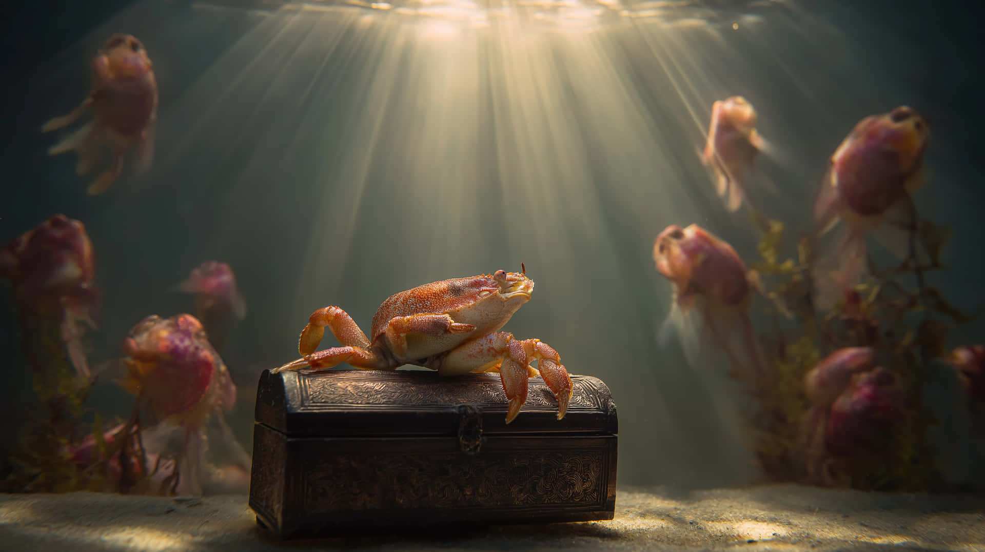 一隻螃蟹坐在一個裝飾性的寶箱上，被金魚環繞，在陽光照射的水下場景中。