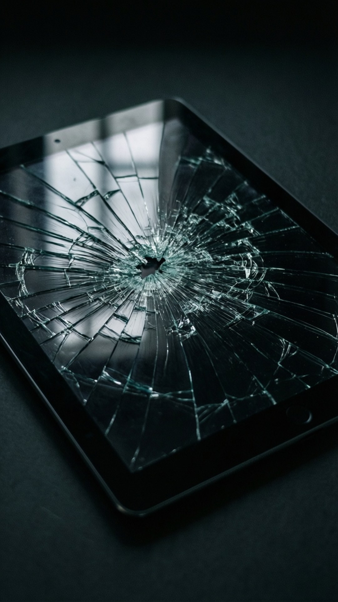 Cracked Screen Tablet 壁紙 — 一個破裂的平板電腦屏幕，蜘蛛網狀裂紋從中央撞擊點在黑暗表面上擴散。