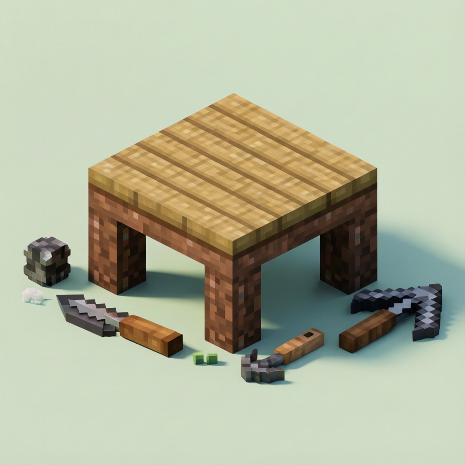 像素化Minecraft桌子，帶有工具和方塊，綠色背景