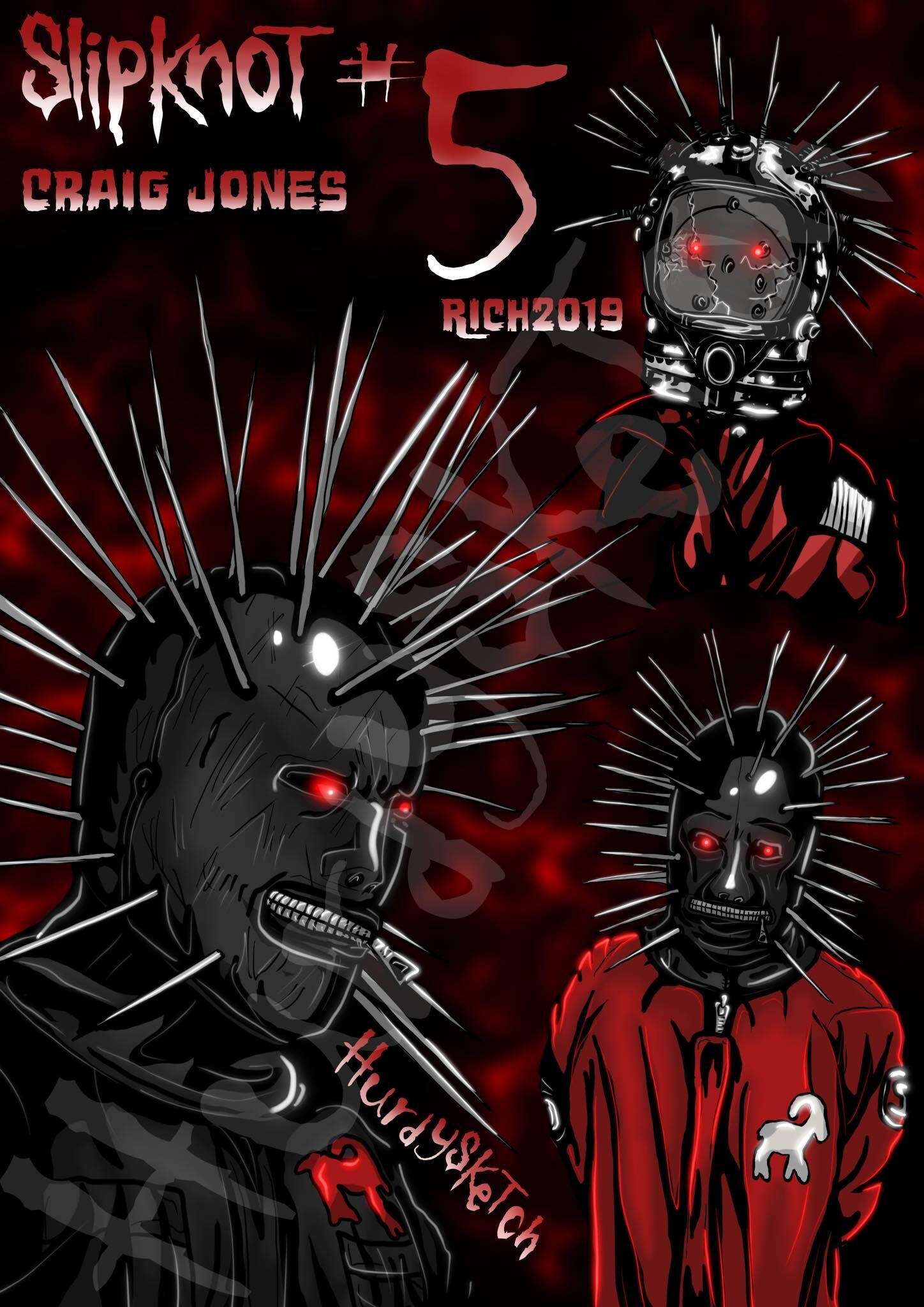 Craig Jones Slipknot紅色藝術作品 壁紙 — 三個戴著尖刺頭盔、眼睛發出紅光的威脅性蒙面人物，站在深紅色紋理背景前。