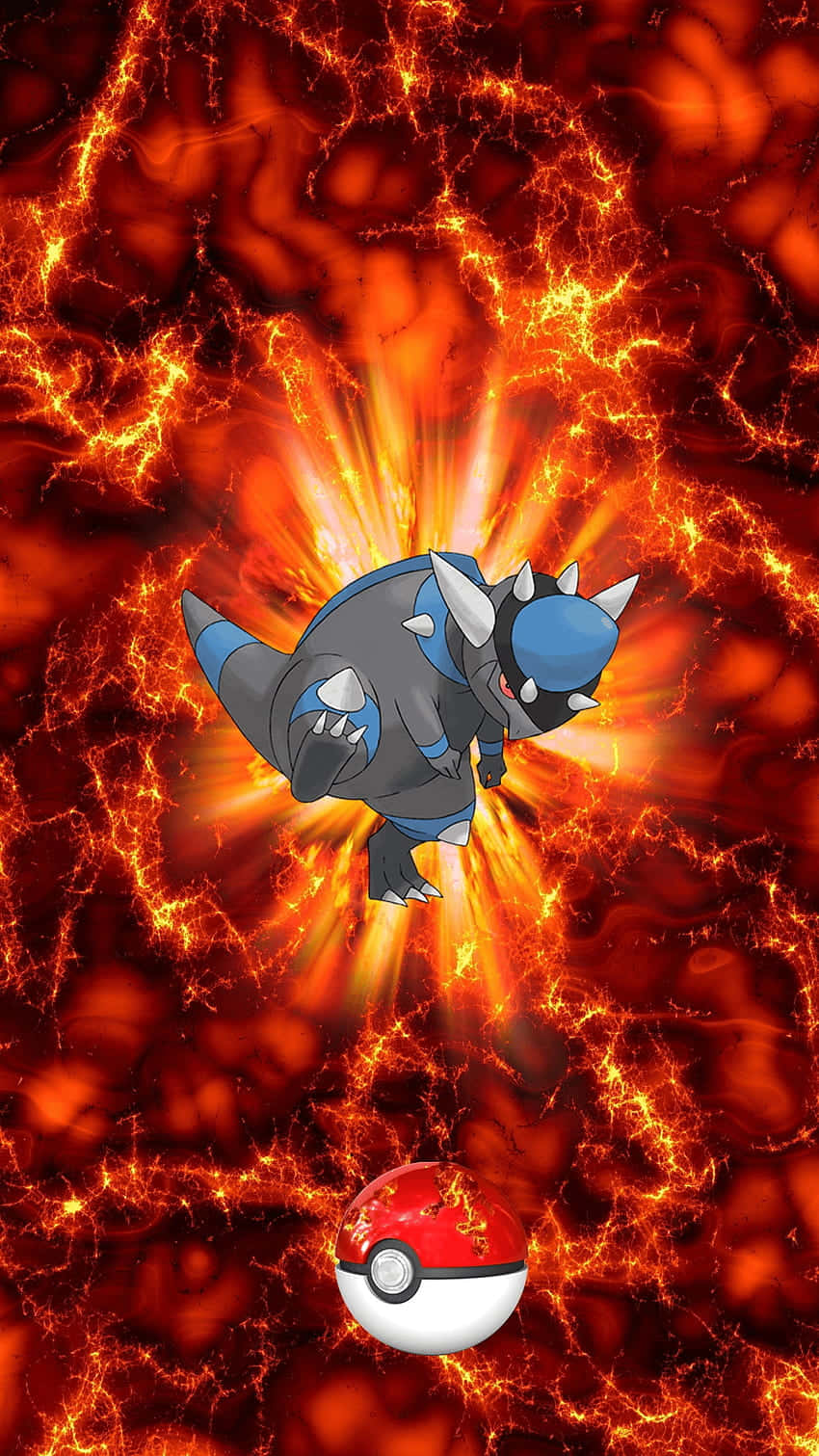 Cranidos 最終形態與火焰背景 壁紙 — 一隻藍色和灰色的寶可夢在旋轉的熔岩背景下爆發火焰能量，下方有一個精靈球。