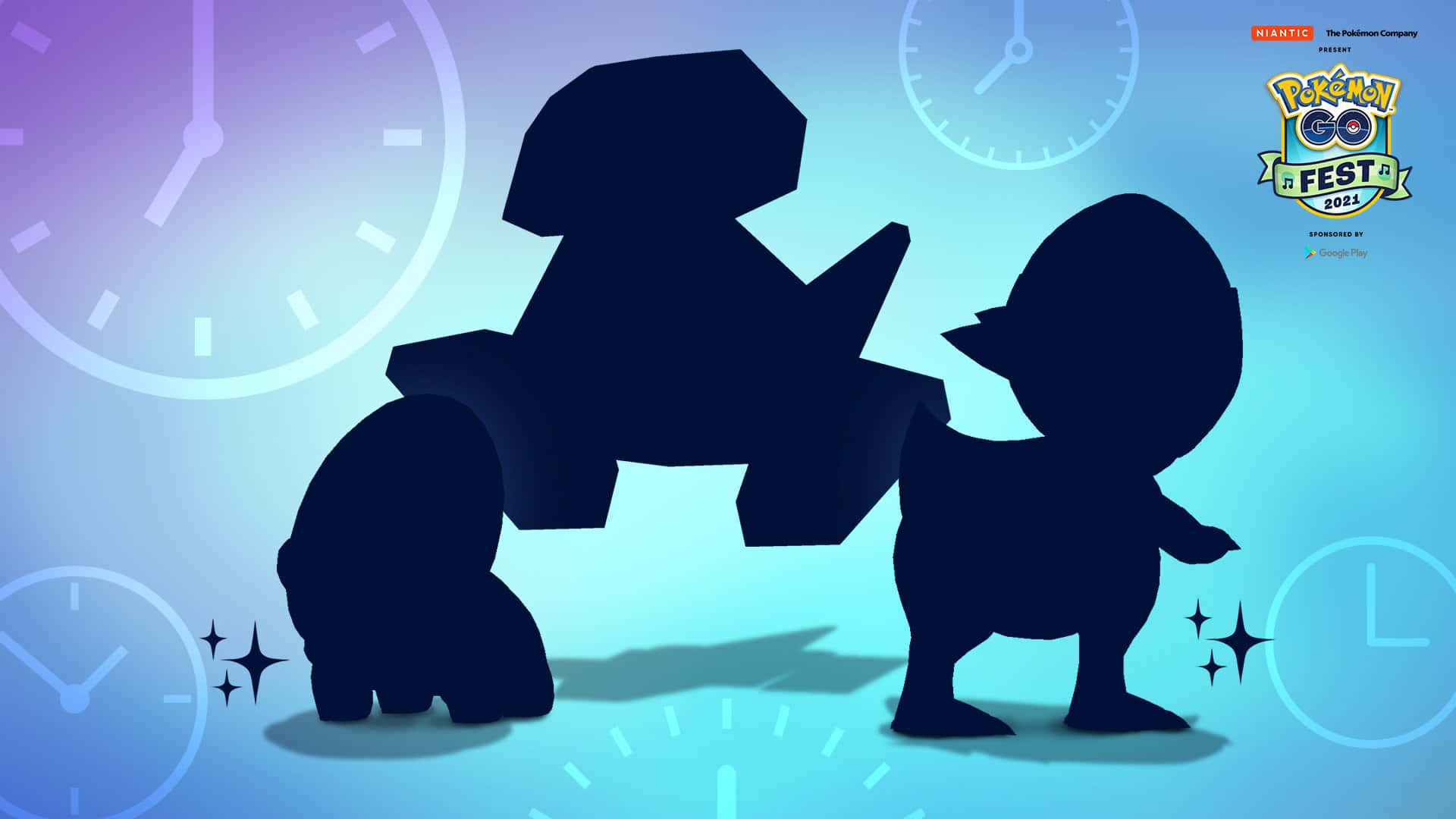 Cranidos、Shieldon 與 Porygon 的動態畫面 壁紙 — 三隻寶可夢的剪影站在漸變藍色背景上，有漂浮的時鐘和閃光。