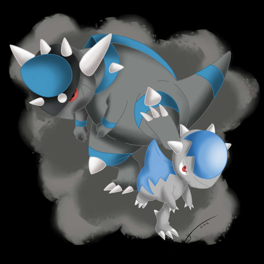 Cranidos 與 Rampardos 的同人畫 壁紙 — 兩隻藍色和灰色的寶可夢，頭部有尖刺，眼睛紅色，從深灰色煙霧中浮現，背景為黑色。