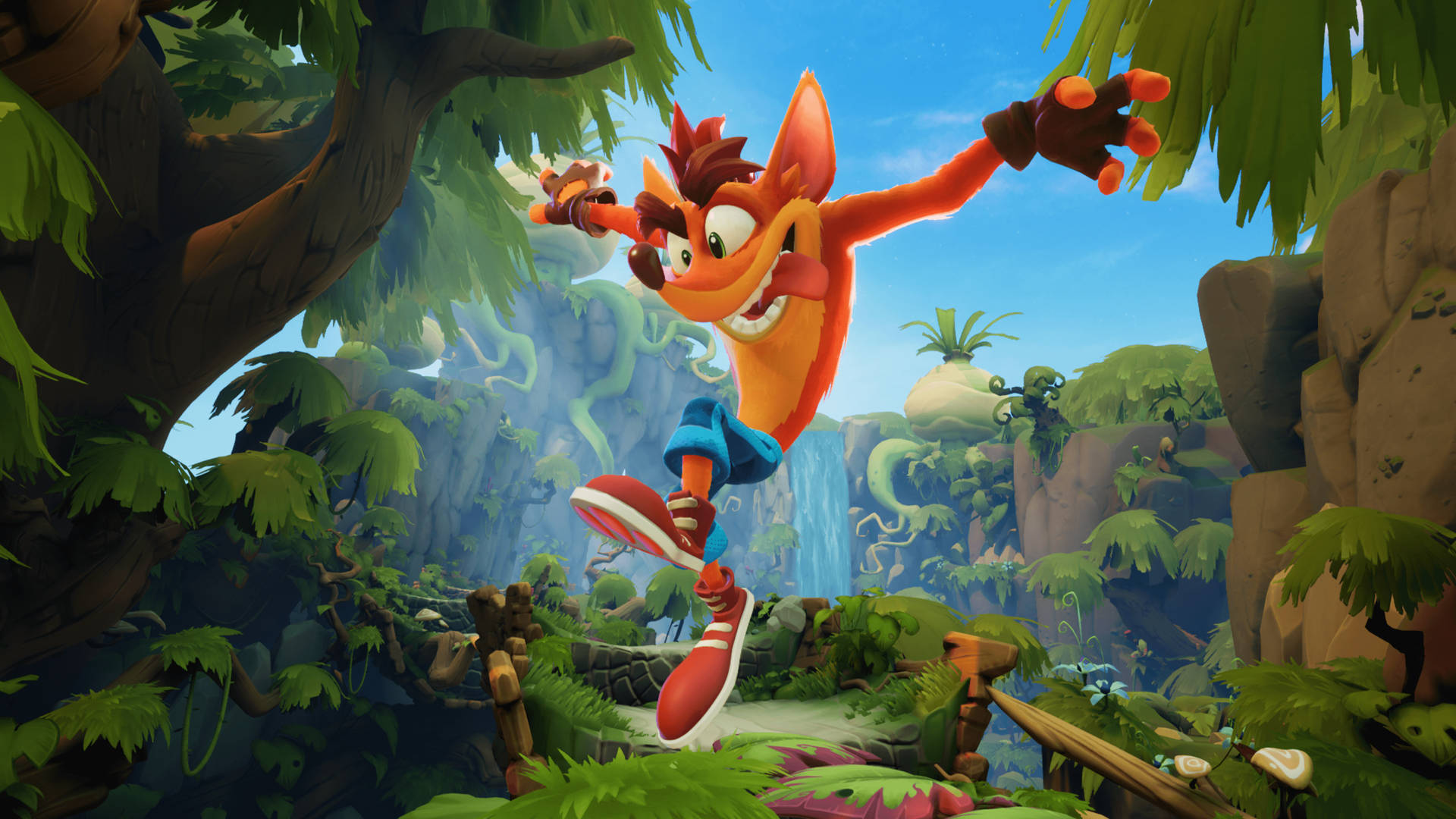 Crash Bandicoot 跳過一個有瀑布同綠葉嘅茂密叢林。