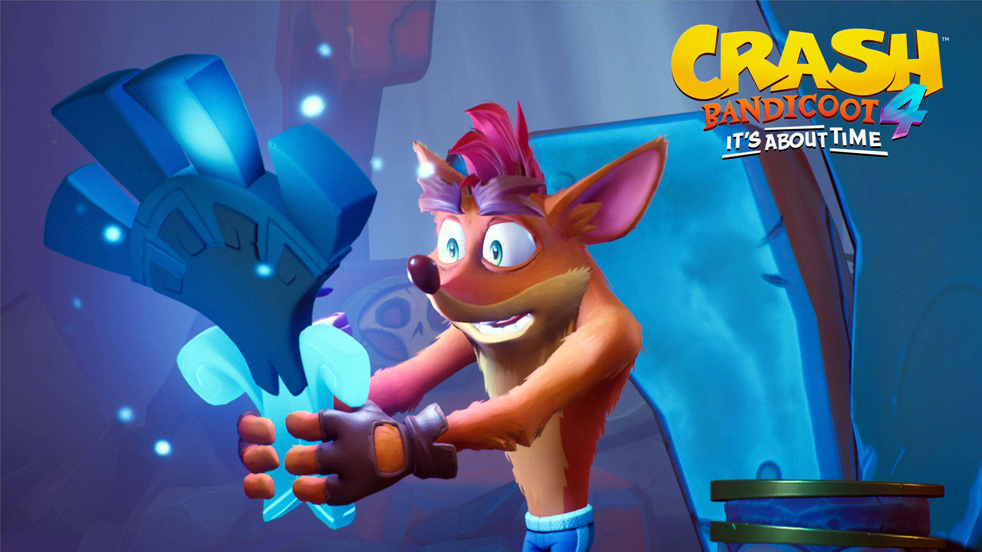 Crash Bandicoot 在電子遊戲場景中拿著發光藍色時間旅行手套。