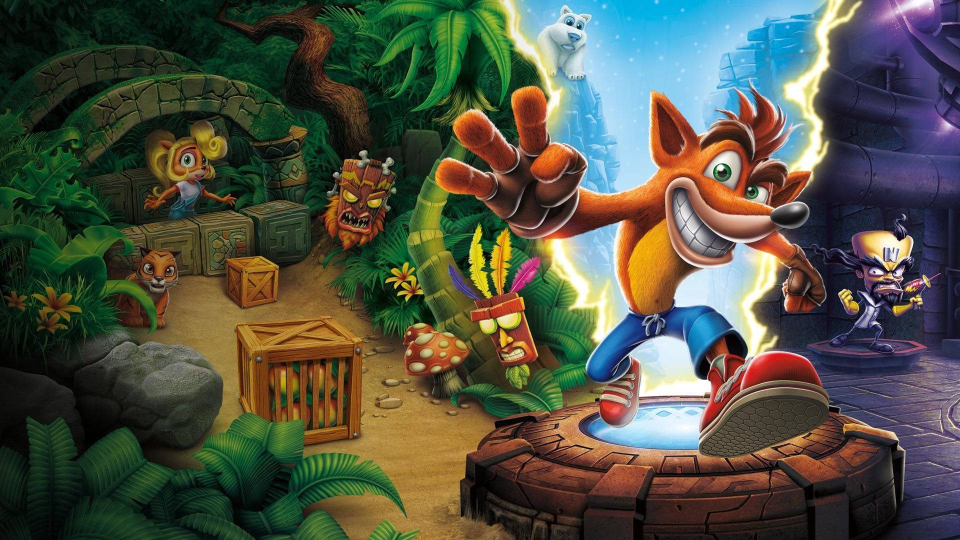 Crash Bandicoot 在一個有閃電和敵人的叢林神殿中跳躍。