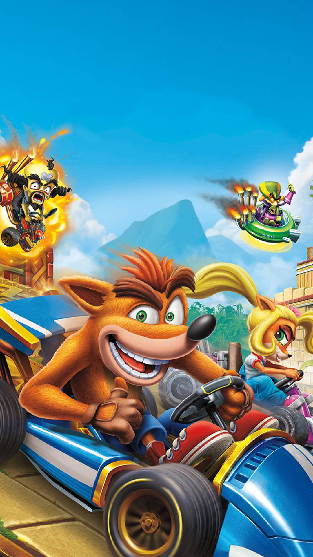 Crash Bandicoot 和 Coco 在藍色卡丁車中比賽，火焰敵人在叢林環境中。