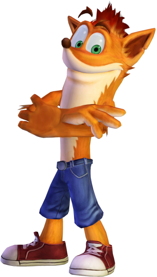 Crash Bandicoot站立姿勢 壁紙 — 一隻快樂的橙色狐狸，有著綠色眼睛和尖刺毛髮，自信地穿著藍色短褲和紅色運動鞋站立。