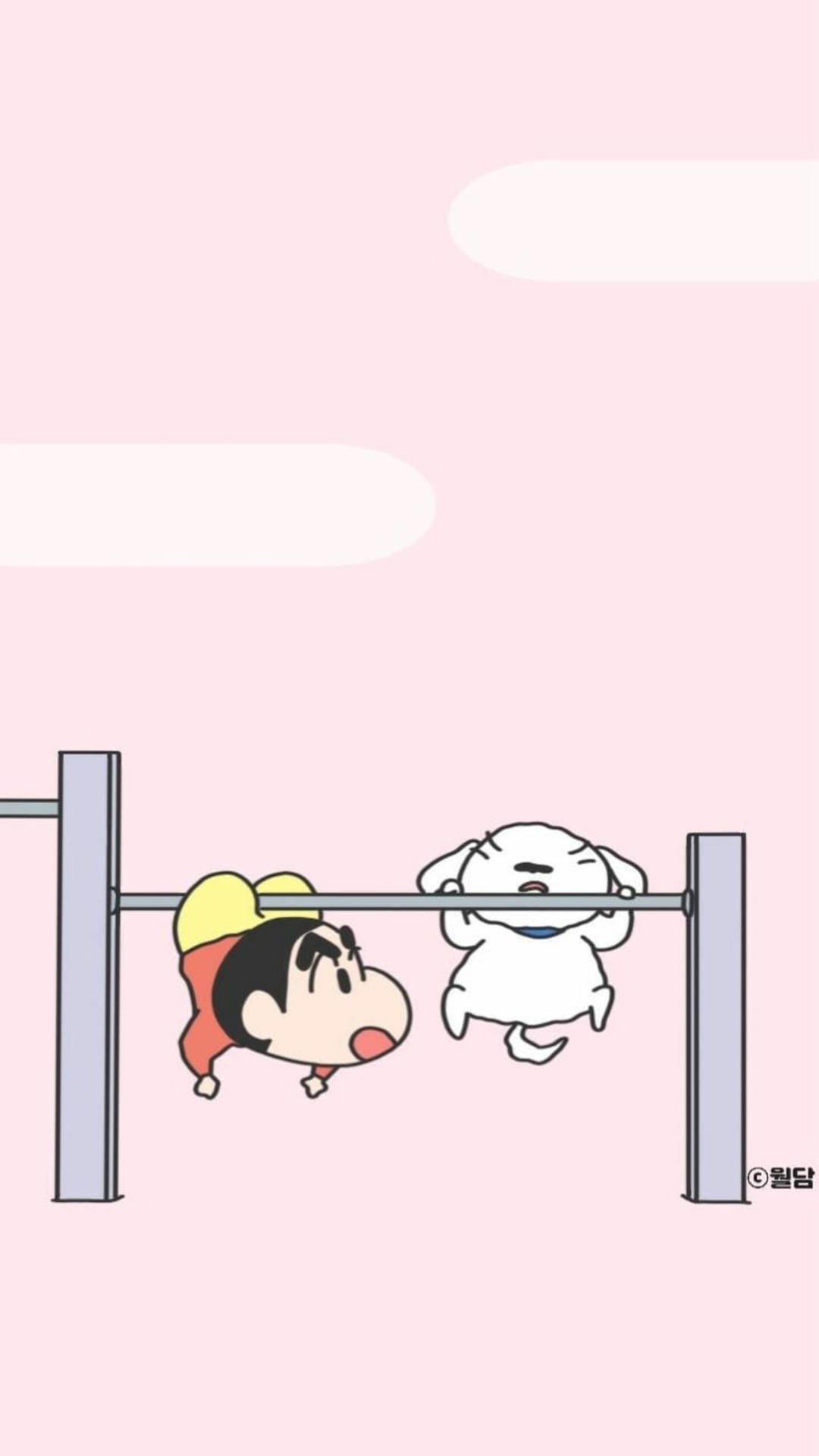 小新和他的狗掛在槓鈴上，背景是粉紅色的天空。