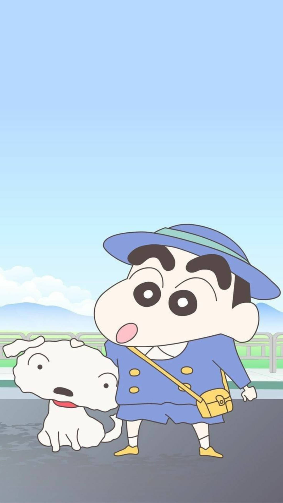 蠟筆小新和他的狗在陽光明媚的日子裡站在戶外。