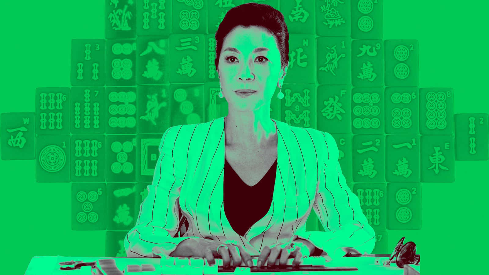 穿著商務服裝的女性被發光的麻將牌包圍。