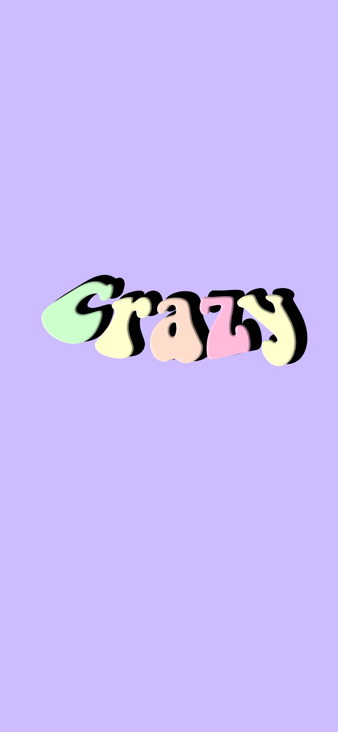 平板電腦 桌布 壁紙 — 「Crazy」一詞以粉彩彩虹3D字體漂浮在純色薰衣草背景上。