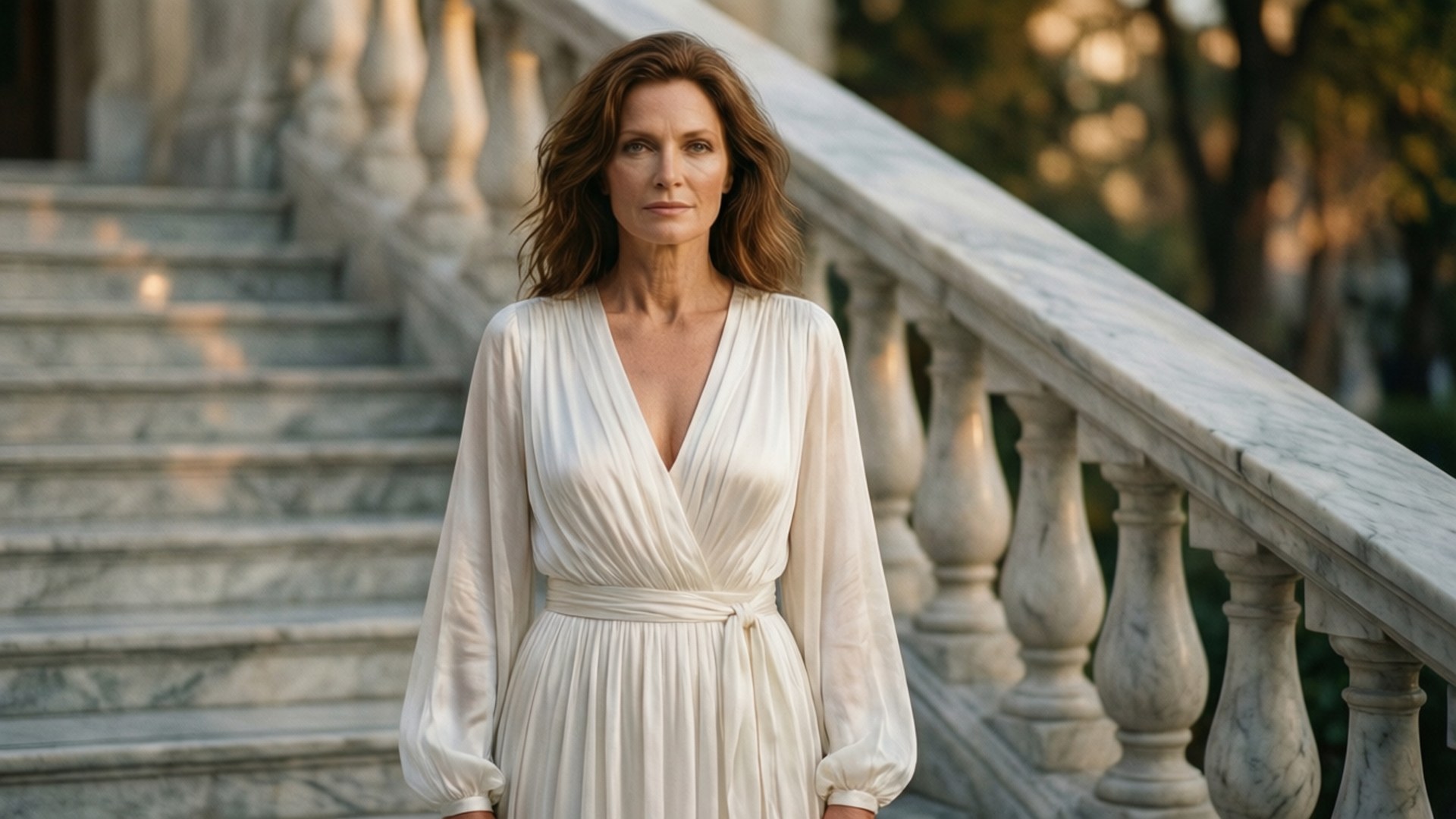 Tatjana Patitz 桌布 壁紙 — 一位優雅的女士身穿飄逸的奶油色連衣裙，站在沐浴在溫暖金色光線中的大理石樓梯上。