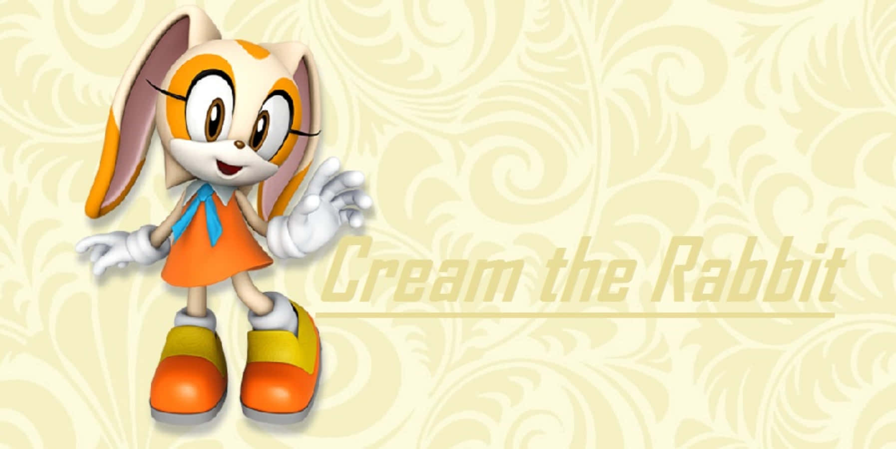 Cream The Rabbit 桌布 壁紙 — Cream the Rabbit 身穿橙色連衣裙，在奶油色漩渦牆紙背景前愉快地揮手。