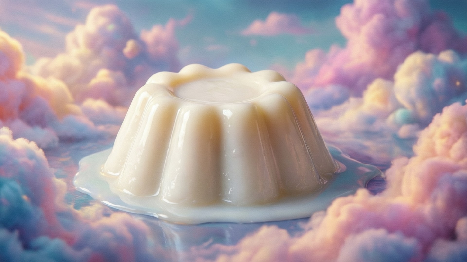 一個閃亮的白色啫喱甜品漂浮在色彩繽紛、蓬鬆的雲朵上。