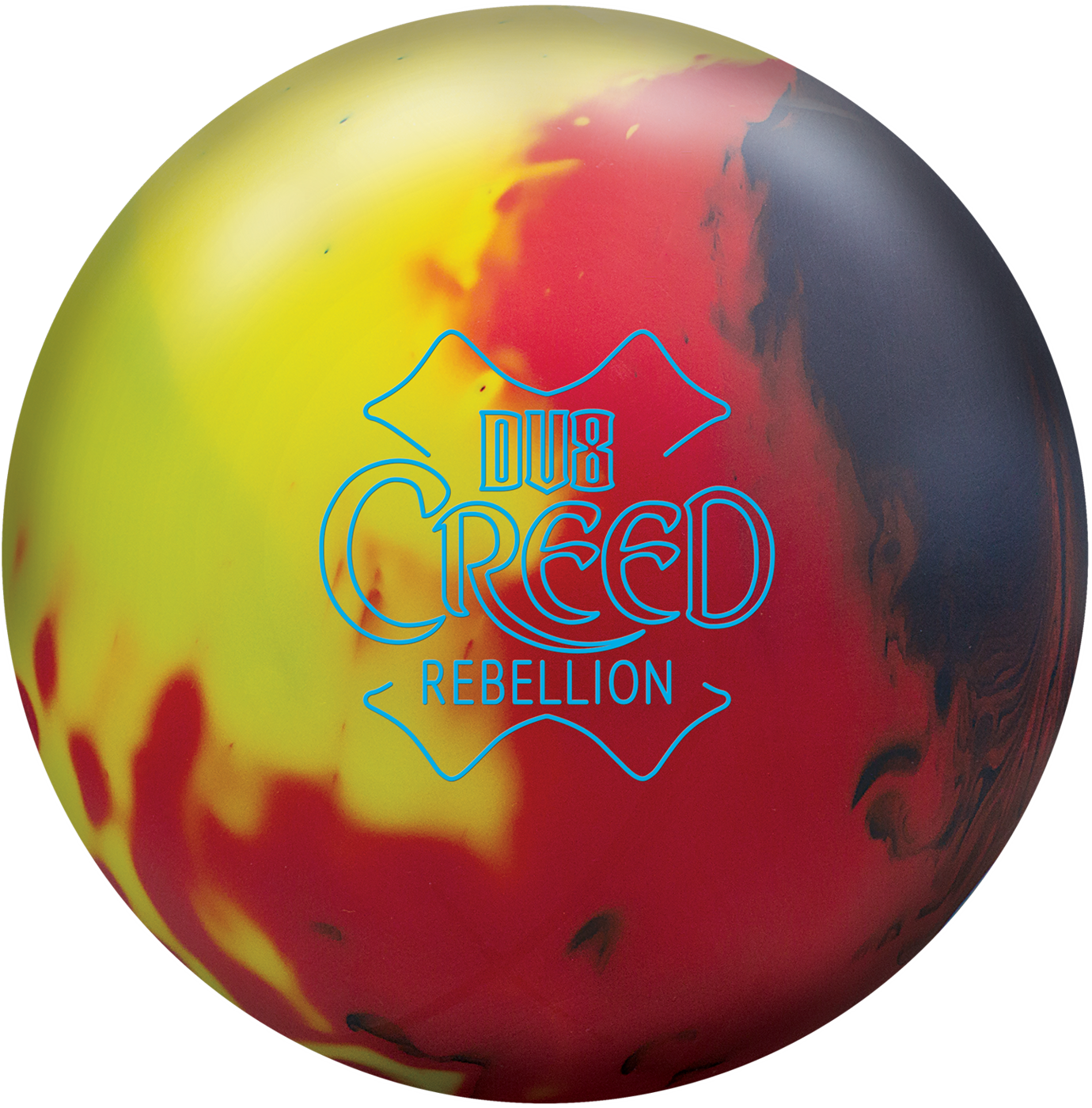 多彩保齡球 Creed Rebellion 壁紙 — 一個充滿活力的保齡球，帶有旋轉的黃色、紅色和黑色，以及藍色 'DUB CREED REBELLION' 標誌，背景為黑色。