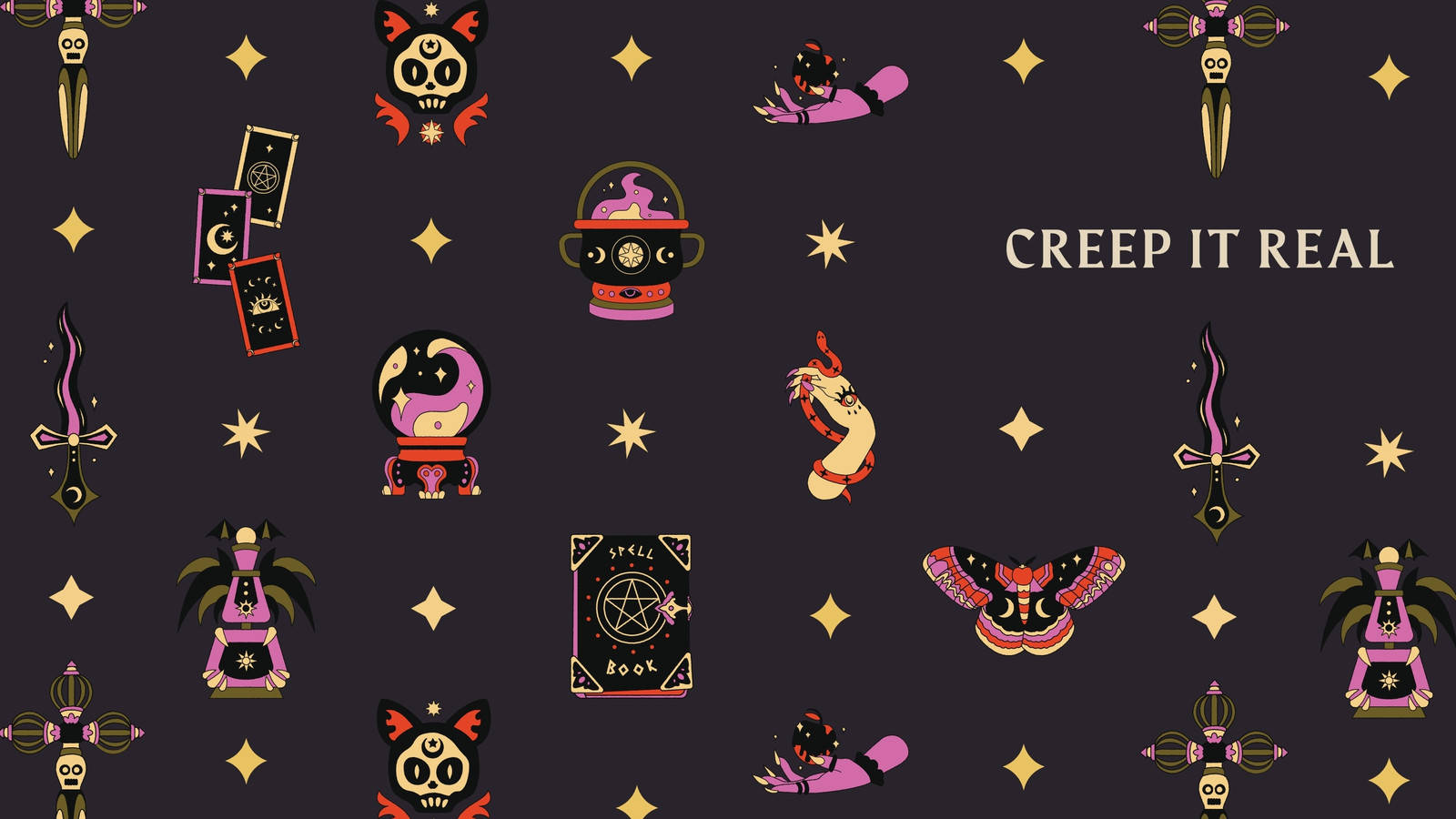 可愛萬聖節風格「Creep It Real」 壁紙 — 深色圖案牆紙，以黑色背景襯托紫色、金色和粉紅色的奇特神秘符號，如骷髏頭、蝙蝠和五角星。