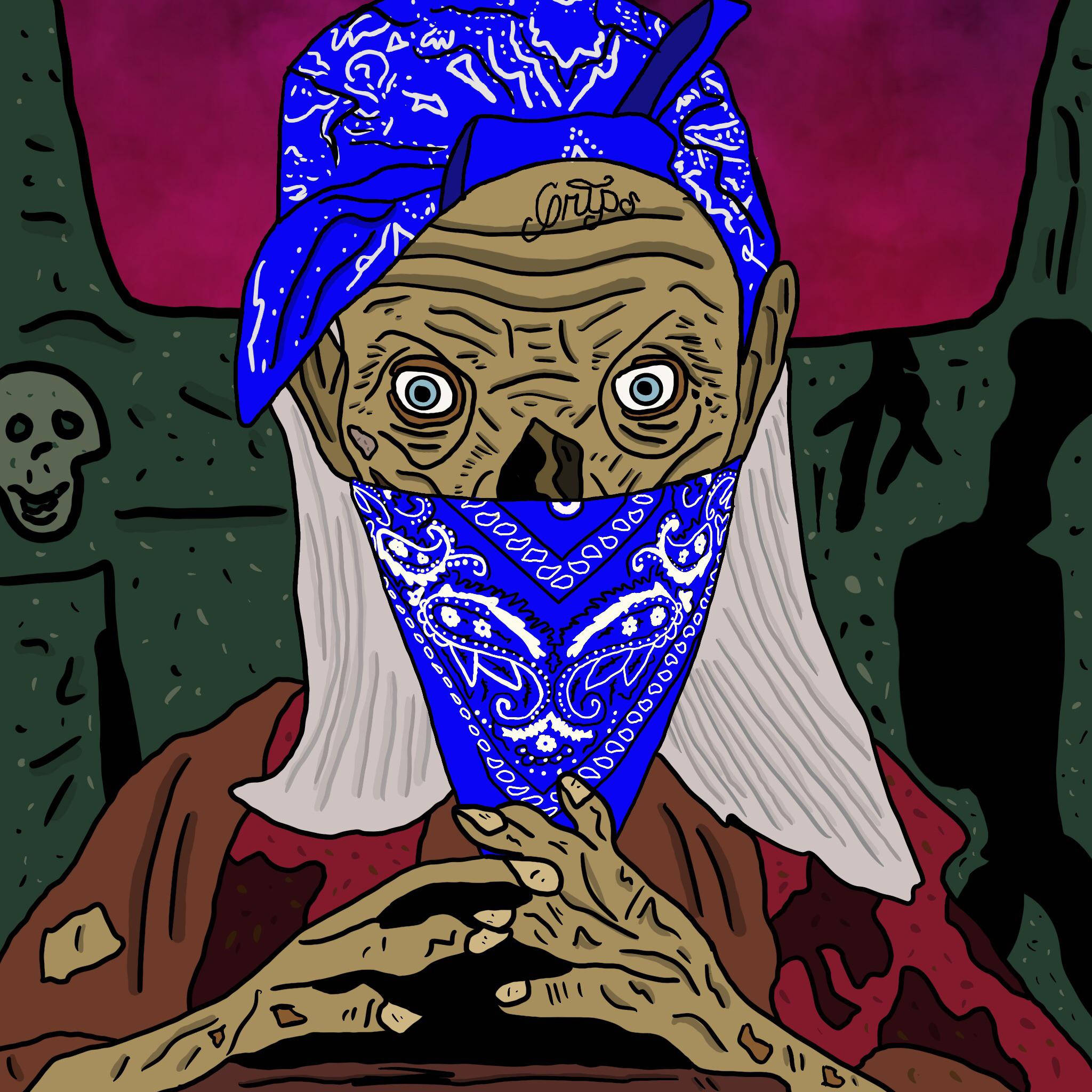 Creep Keeper戴Crip頭巾 壁紙 — 一個風格化的插圖，描繪一個戴著藍色頭巾、眼睛大大的骷髏人物，坐在陰暗詭異的背景前。