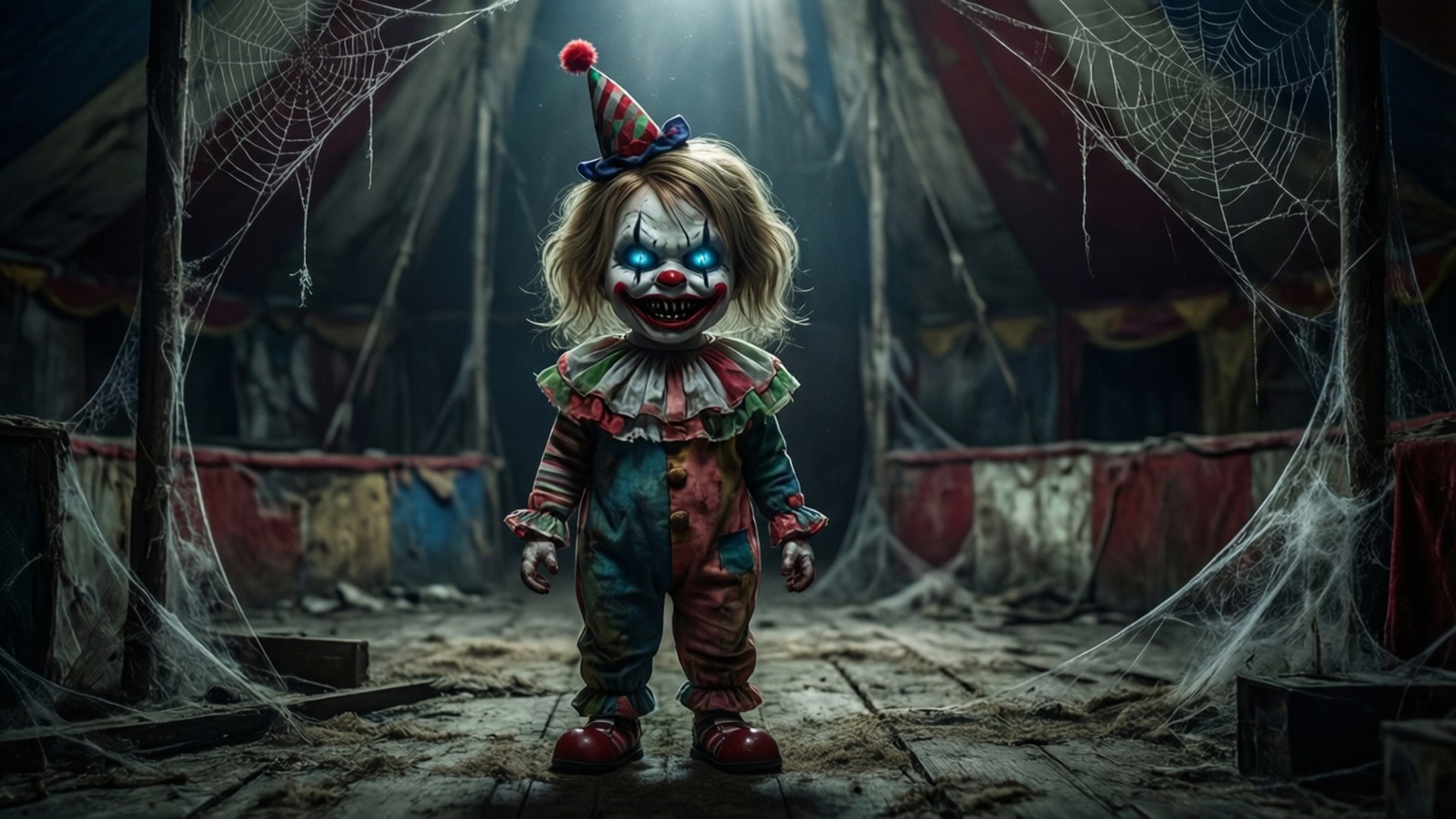 Circus Baby 桌布 壁紙 — 一個令人毛骨悚然的小丑娃娃，藍色眼睛發光，站在一個佈滿灰塵、被蜘蛛網覆蓋的廢棄馬戲團帳篷裡。