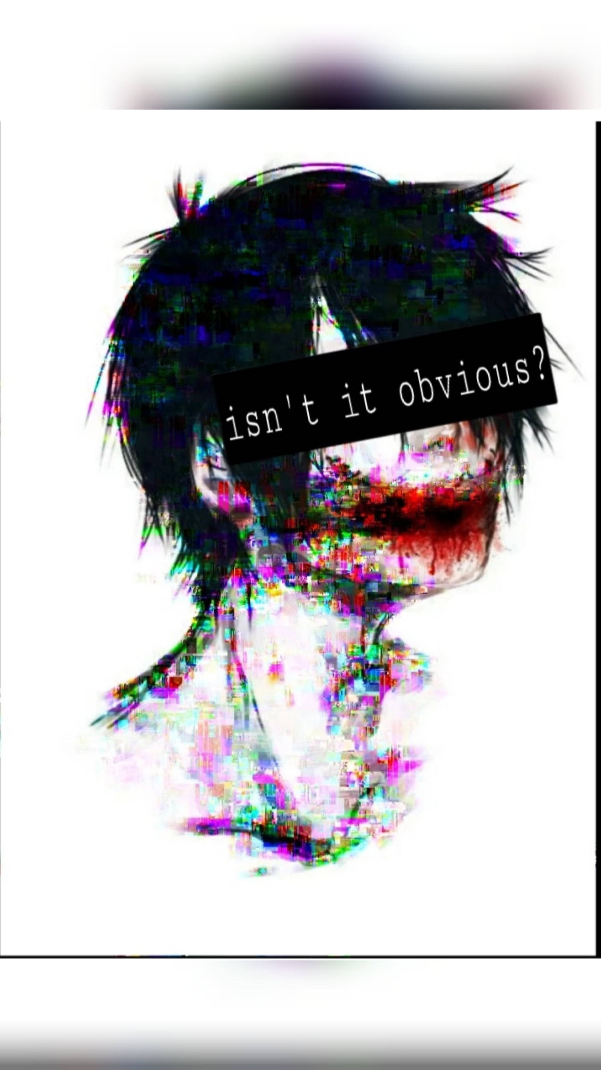 Creepypasta 悲傷男孩動畫傑夫殺手 壁紙 — 帶有黑色頭髮和紅色嘴巴文字疊加的故障藝術動漫角色，文字顯示「這不是很明顯嗎？」