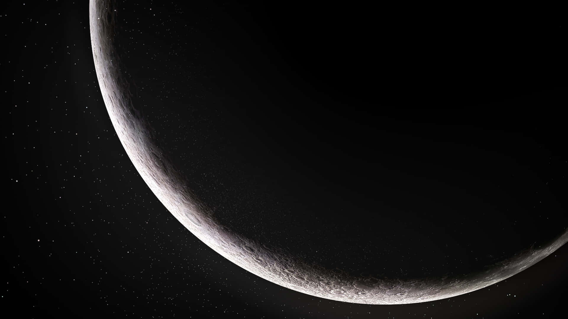 Crescent Moonlit Horizon – Cosmic Serenity in Deep Space 壁紙 — 一彎新月帶有隕石坑表面，在深空星場中柔和發光。