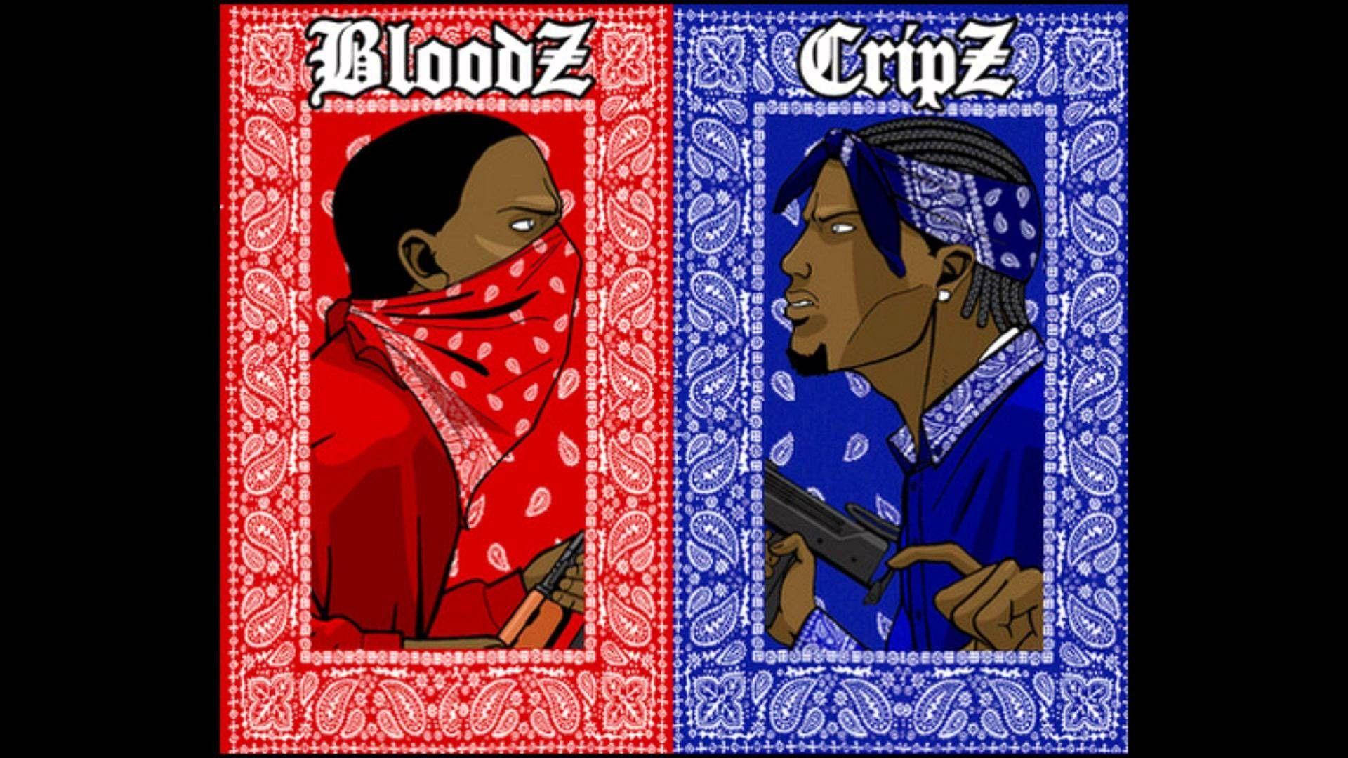 Crips與Bloodz對立幫派 壁紙 — 兩個插畫風格的幫派成員面對面，一個戴紅色頭巾標有Bloodz，另一個戴藍色頭巾標有Cripz，兩人都手持槍支。