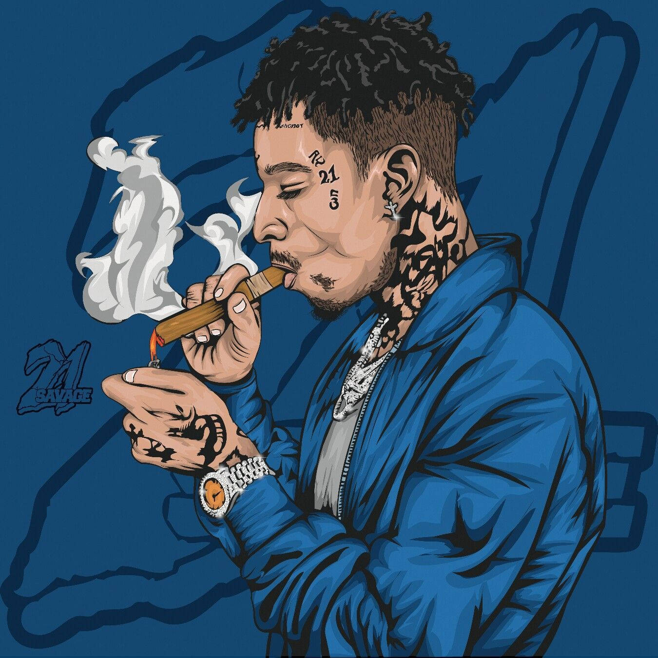 Crip饒舌歌手21 Savage 壁紙 — 一個有紋身的男人在深藍色背景下點燃雪茄的風格化插圖。