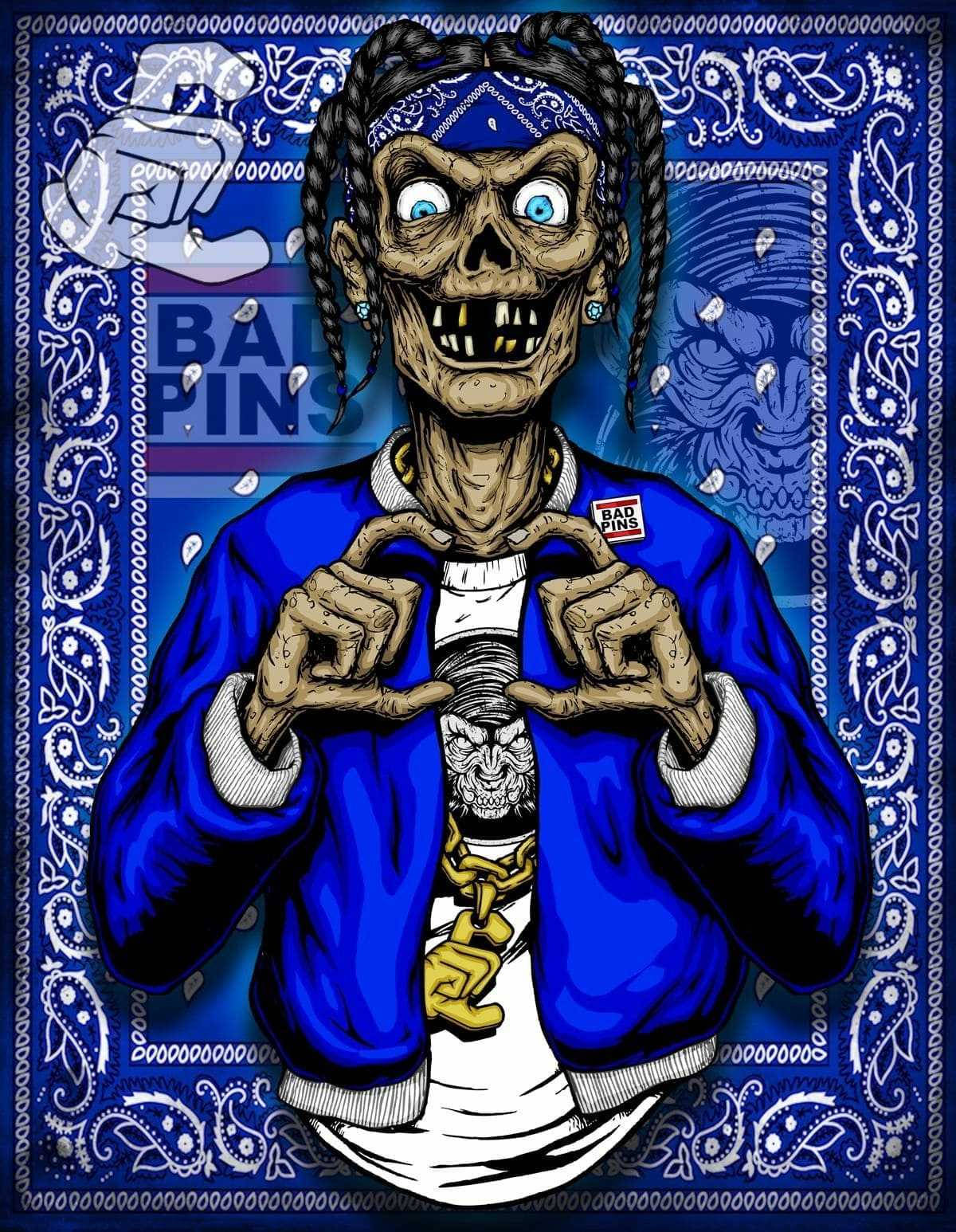 Crip骷髏怪獸數位藝術 壁紙 — 一個卡通風格的骷髏頭，梳著辮子，戴著藍色頭巾，穿著藍色外套和金色鏈條，用手指做出心形。
