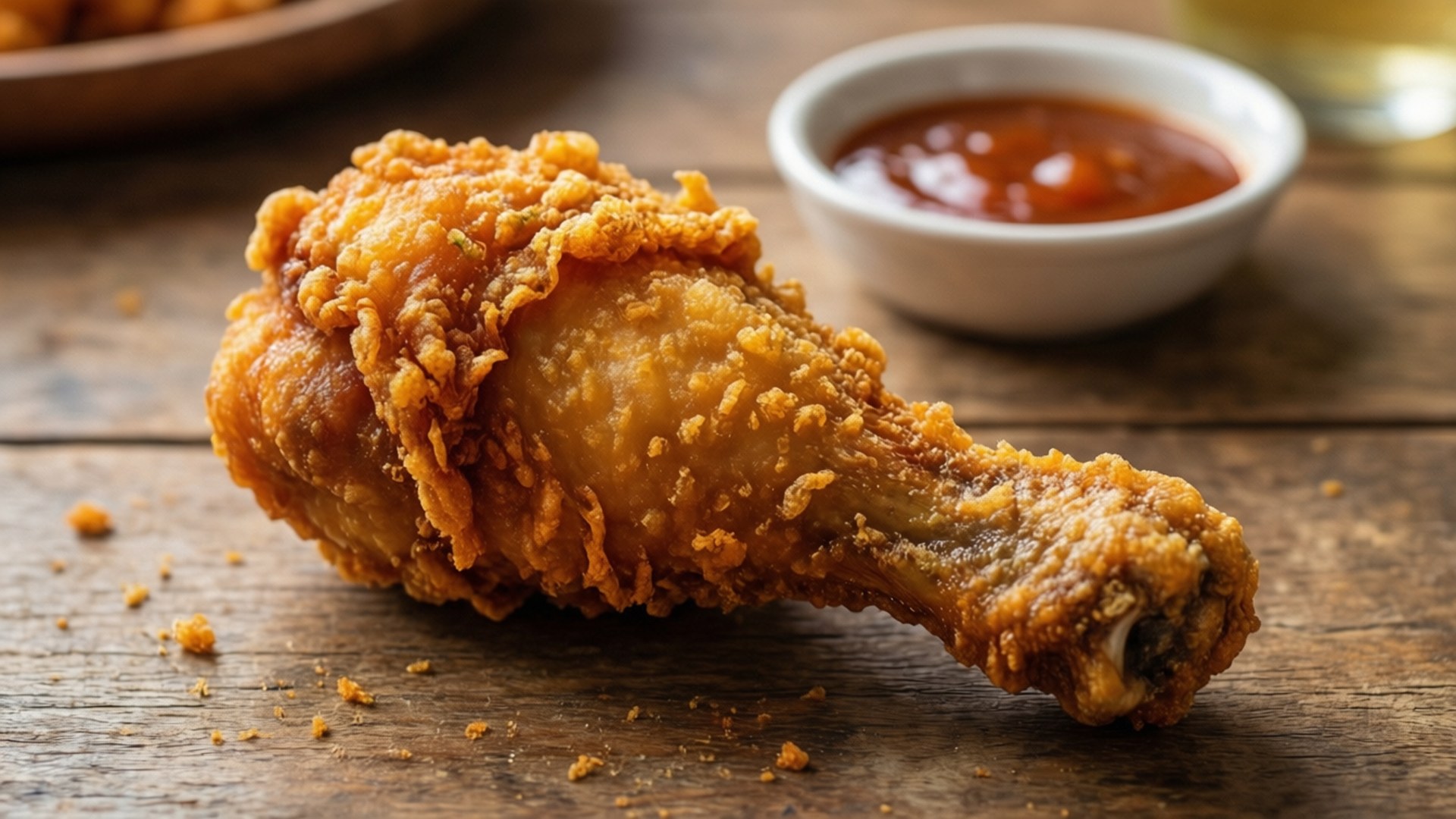 酥脆炸雞腿配蘸醬在木桌上